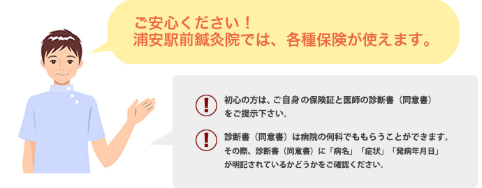 ご安心ください！浦安駅前鍼灸院では、各種保険が使えます。