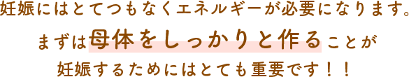 妊娠にはとてつもなくエネルギーが必要になります。まずは母体をしっかりと作ることが妊娠するためにはとても重要です！！