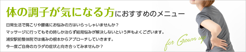 日常生活で肩こりや腰痛にお悩みの方はいらっしゃいませんか？
マッサージに行ってもその時しか治らず結局悩みが解決しないという声もよくございます。
浦安駅前整体院では痛みの根本からアプローチしていきます。
今一度ご自身のカラダの症状と向き合ってみませんか？